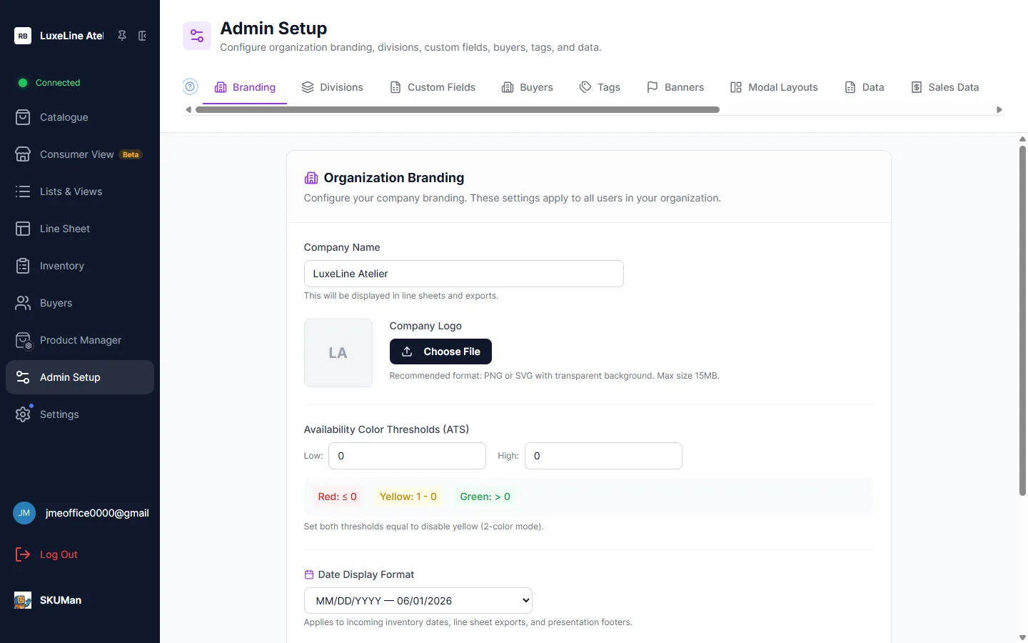 The Admin Setup page, open to the Branding tab