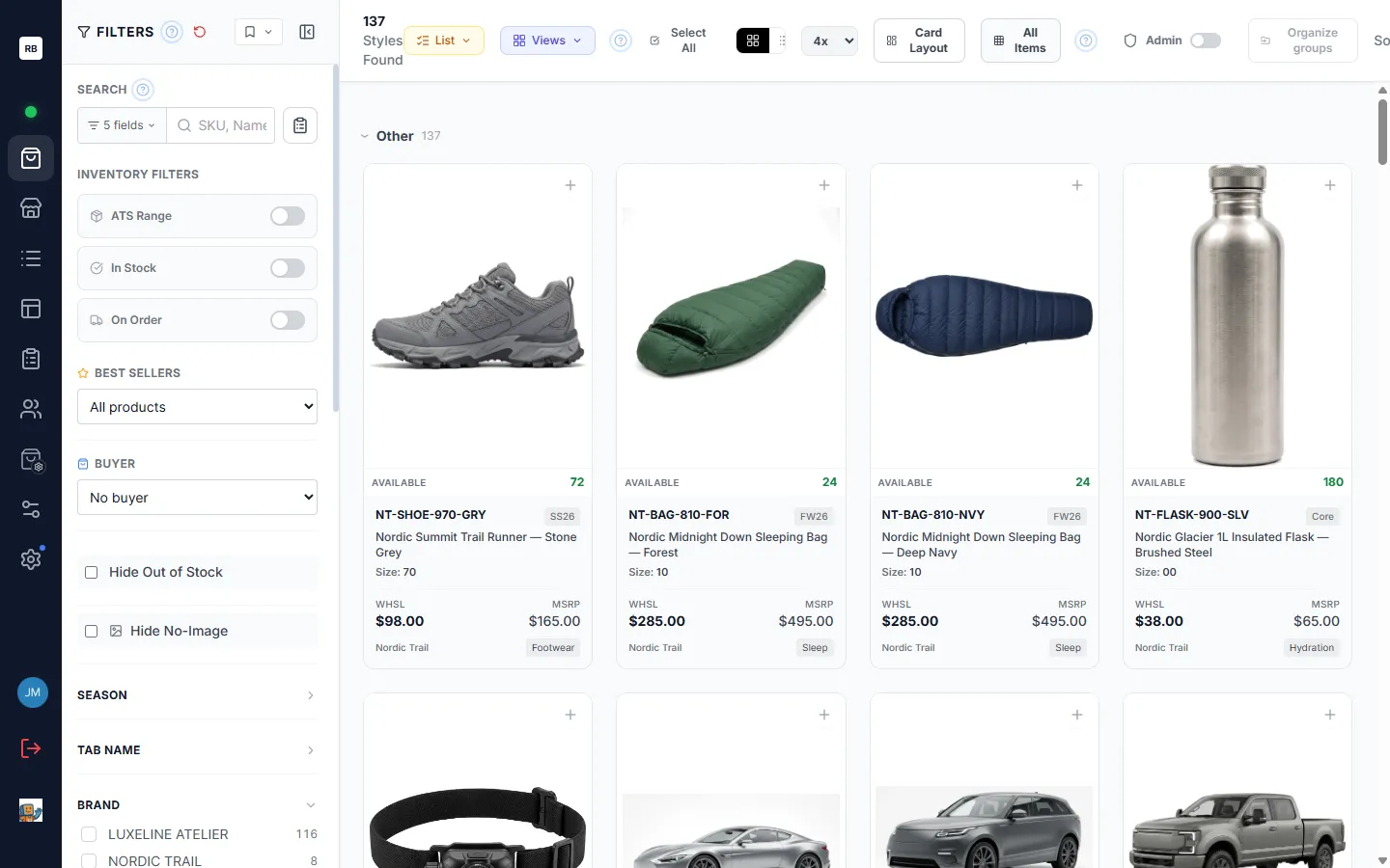 All Items view — one card per variant, with the style count in the header