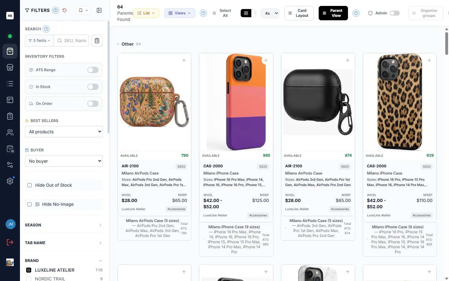 Filtering by brand — checked values narrow the grid, and each option shows a live count