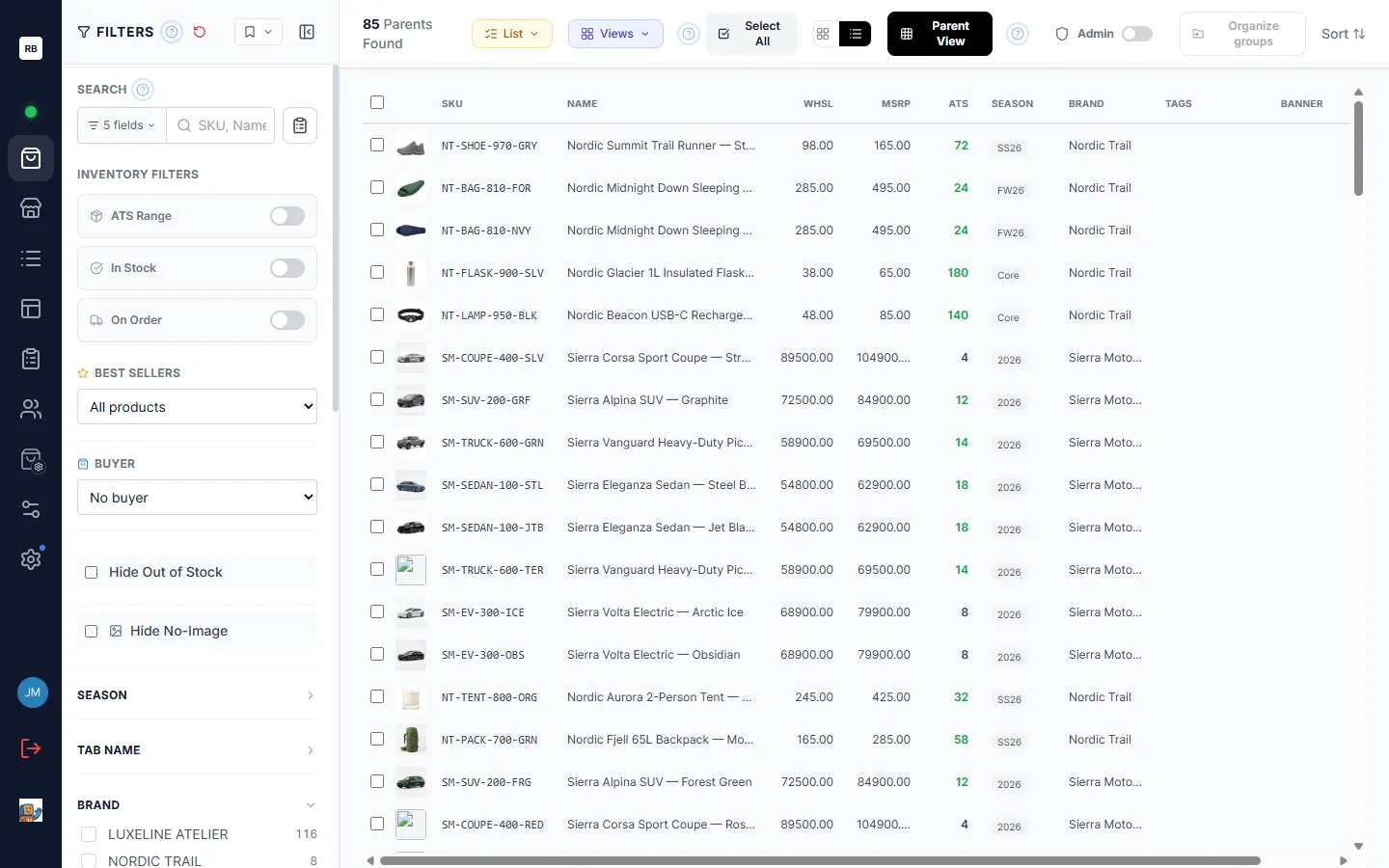 List view — a data-table presentation of the same products