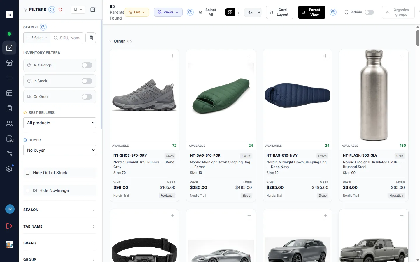 The catalogue grid in Parent View, with the filter sidebar and toolbar