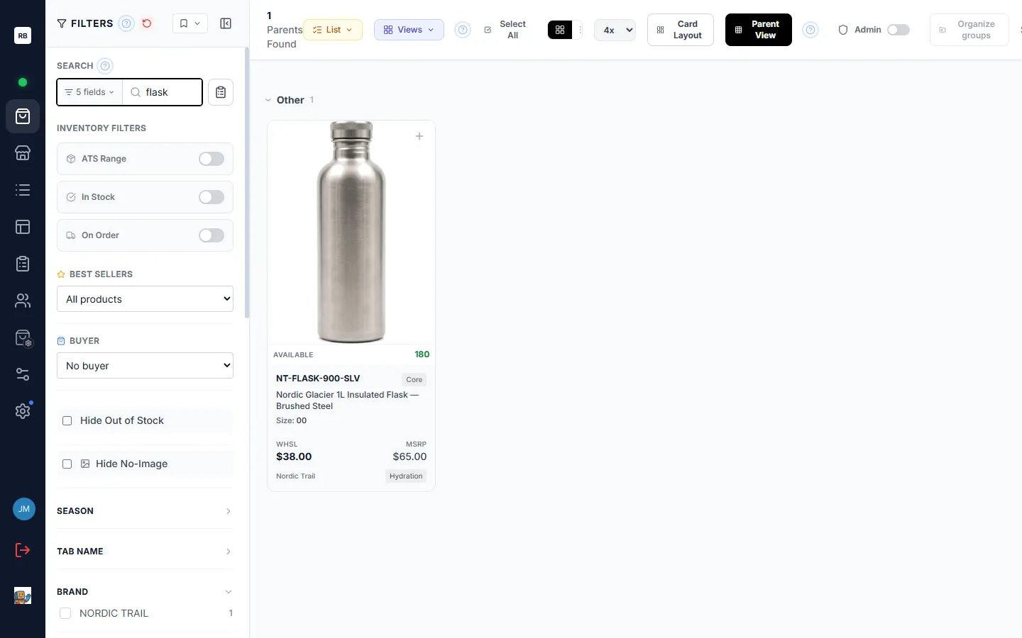 Searching “flask” — one style matches, and the filter options narrow to match