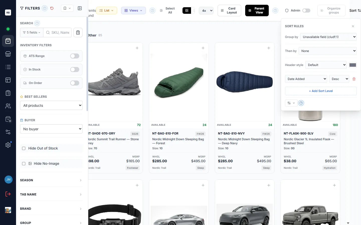 The Sort Rules popover — Group by, Then by, header style with accent color, sort levels, and saved presets