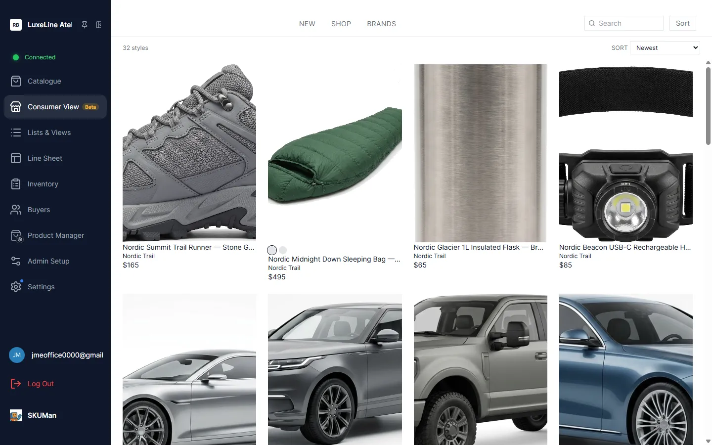 Consumer View — the storefront-style shop grid with a NEW / SHOP / BRANDS navigation bar, style cards, retail prices, and a search box