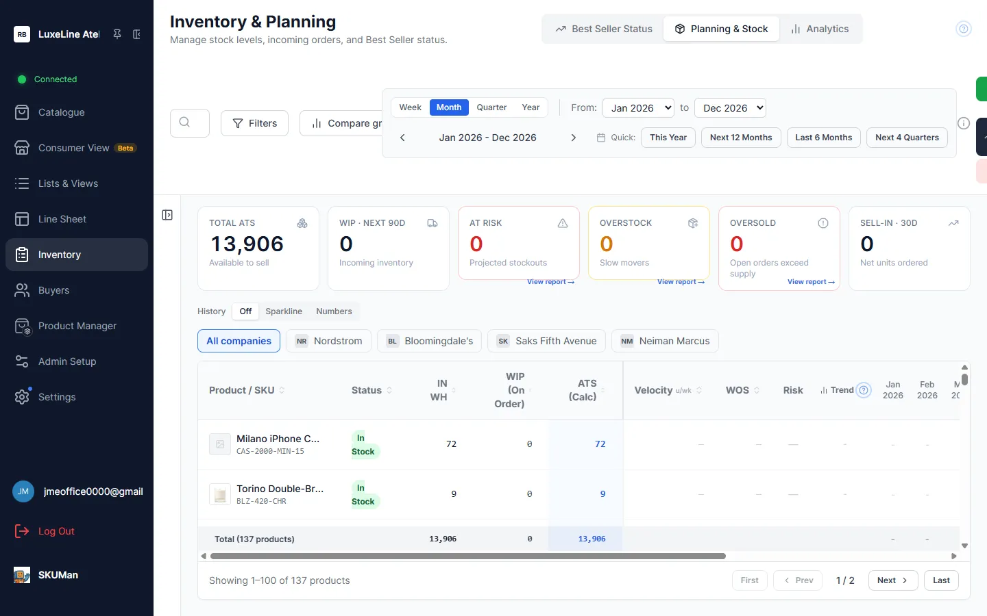 Inventory & Planning — the view switcher, period picker, KPI tiles, company chips, and planning grid