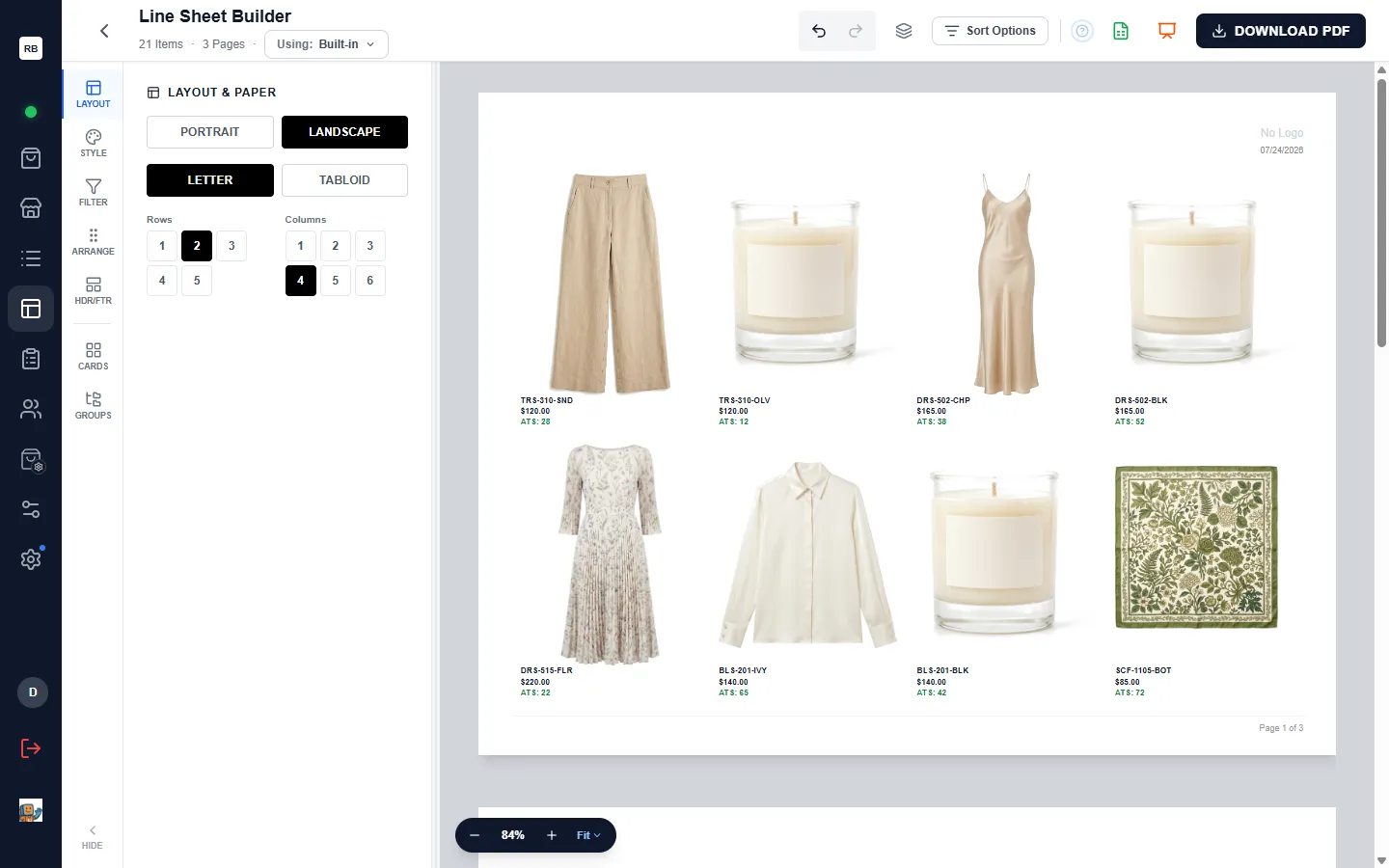 The Line Sheet Builder — the icon rail and its active panel on the left, the paginated live preview on the right