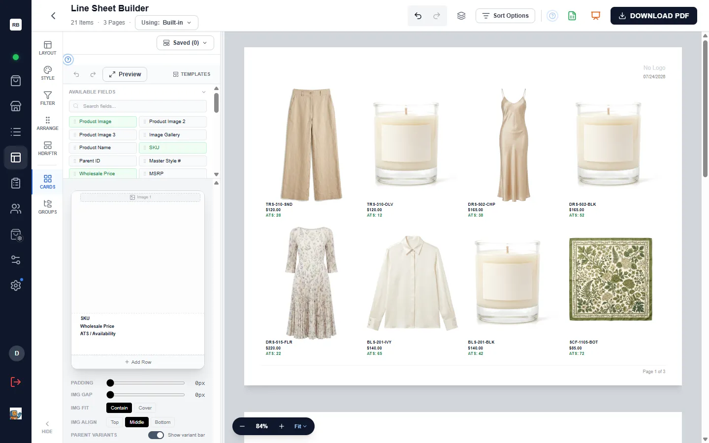 The Cards panel — saved layouts, the searchable field bank, the card canvas with an image slot and field rows, and the padding, image-fit, and alignment controls