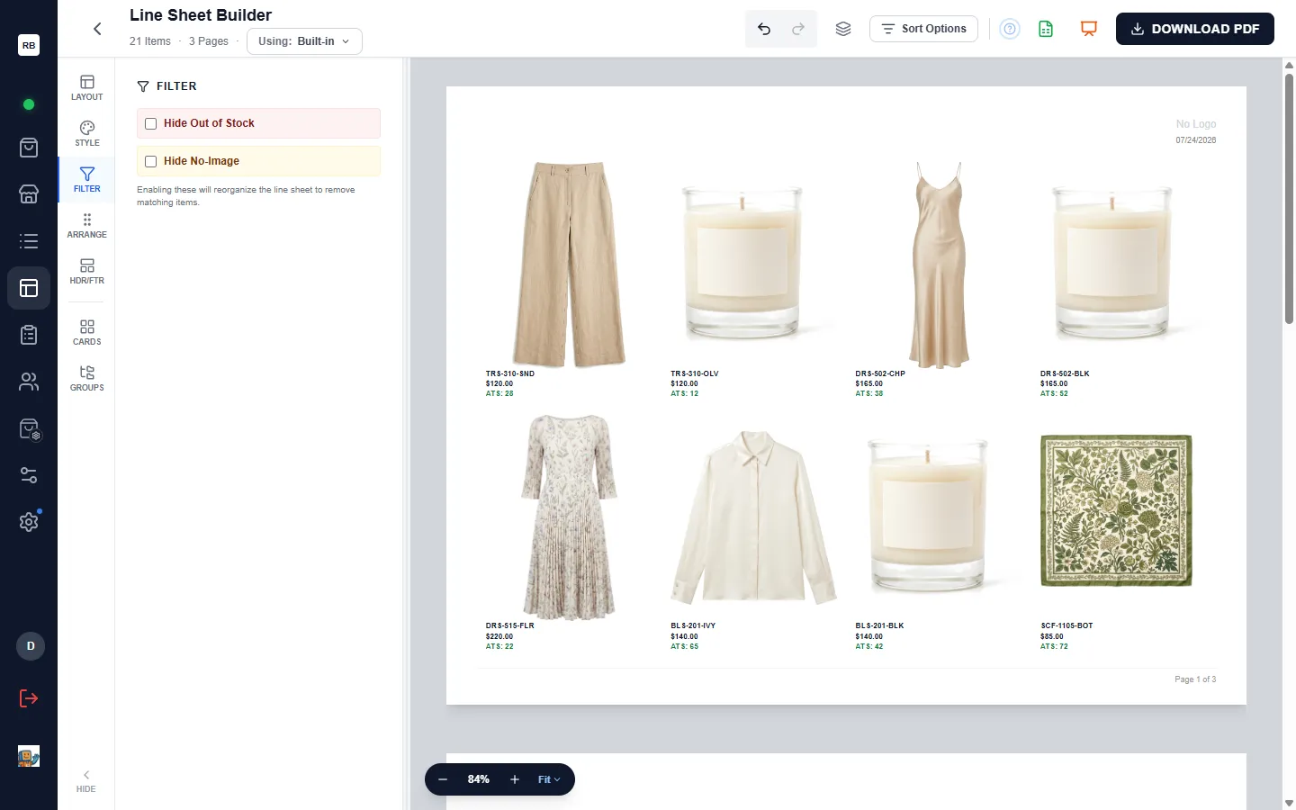 The Filter panel with its Hide Out of Stock and Hide No-Image checkboxes