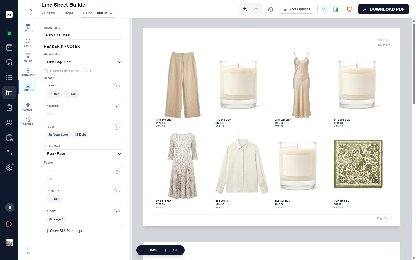 The Header & Footer panel — sheet name, header mode, and the Left / Center / Right zones holding Text, Logo, Date, and Page-number elements