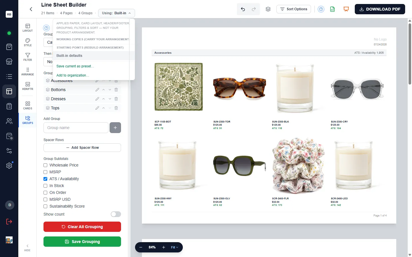 The preset menu open from the top-bar pill — working copies, starting points with Built-in defaults, and the Save current as preset and Add to organization actions