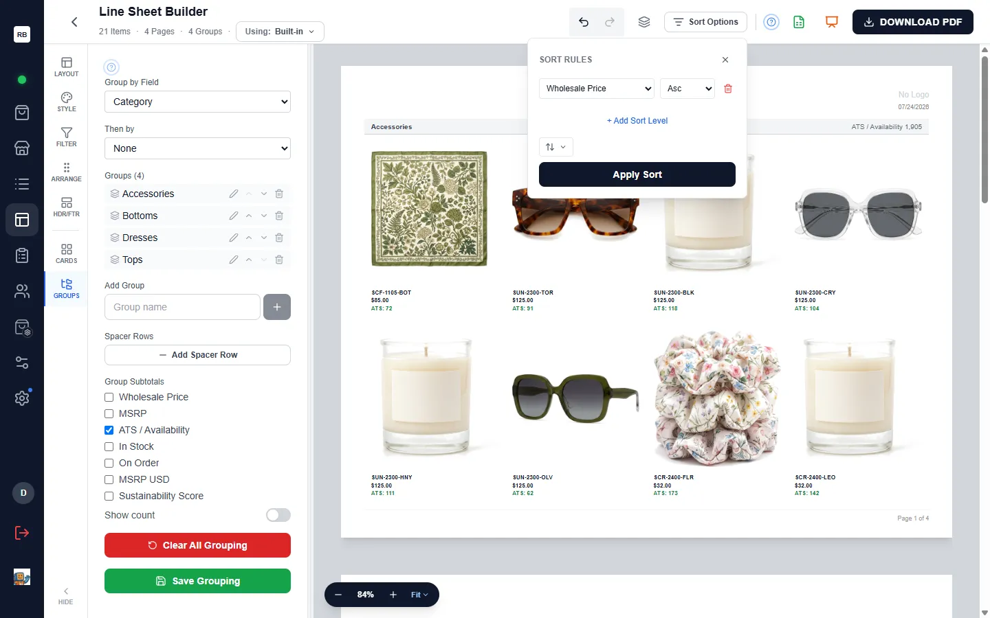 The Sort Rules popover open from the top bar, with one sort level set to Wholesale Price ascending and the Add Sort Level link below it