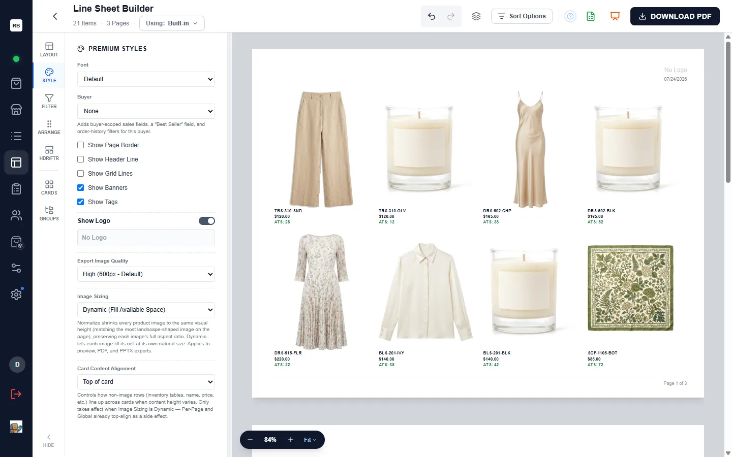 The Style panel — font picker, buyer selector, styling checkboxes, logo toggle, export image quality, image sizing, and card content alignment