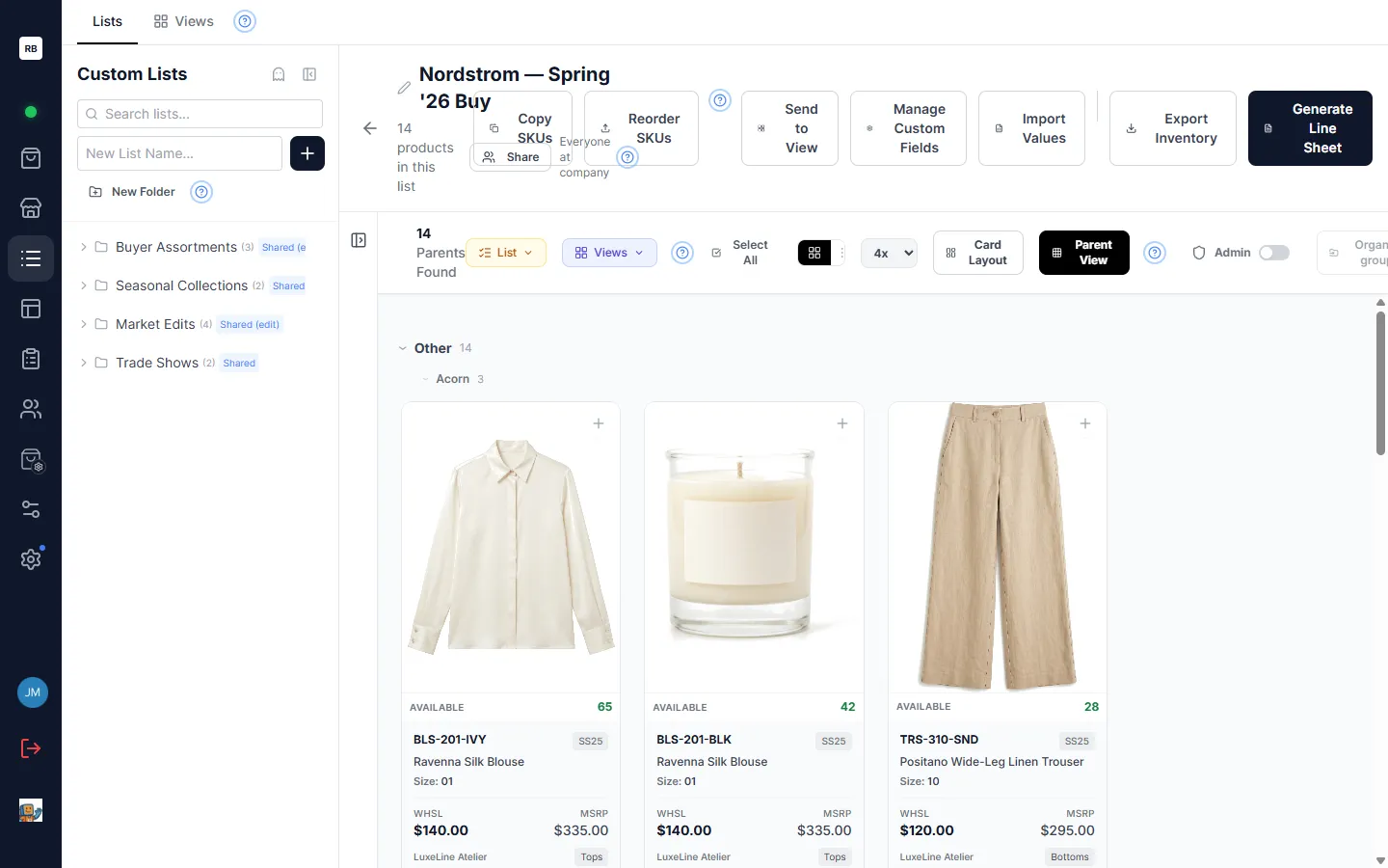 An open list, with the list toolbar across the top of a product grid