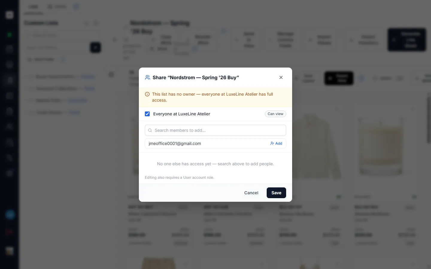 The list sharing dialog, with an “Everyone at company” row and a member search box