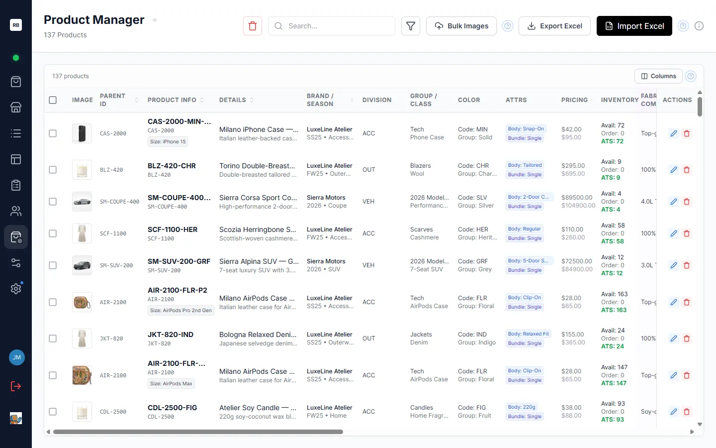 The Product Manager: search, filter, and toolbar buttons above the product data table
