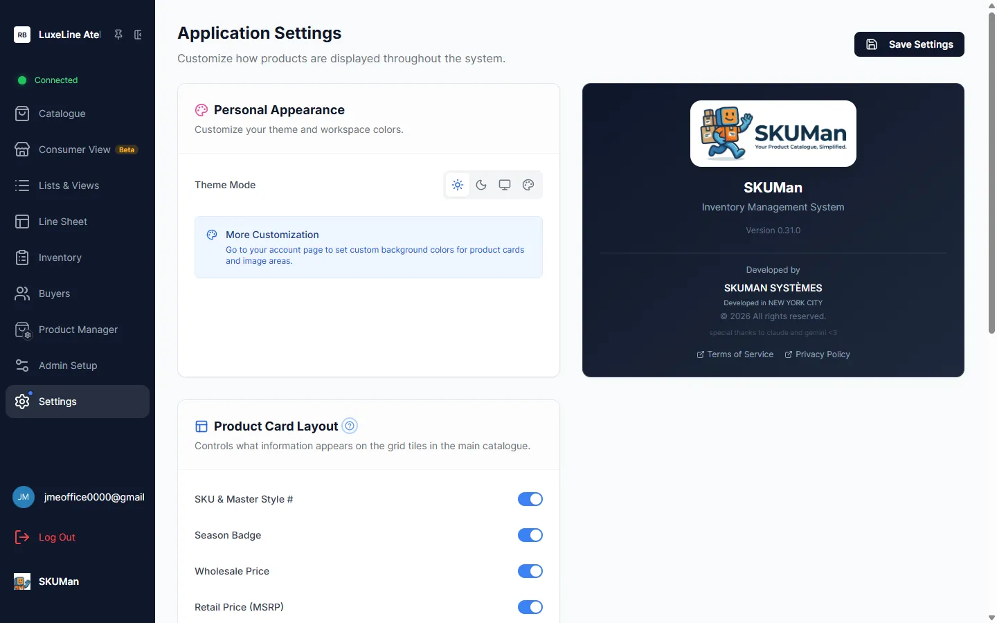 The Application Settings page — Personal Appearance with Theme Mode, the app info card, and the Product Card Layout toggles