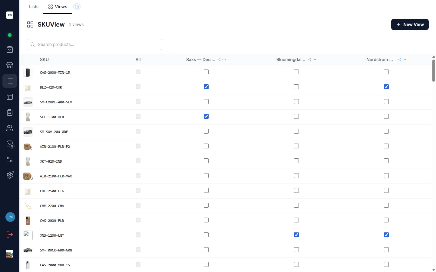 The SKU View matrix — products down the rows, an “All” column plus your named views across the top, and a checkbox in every cell